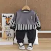 Conjunto de Dos Piezas para Niños 2024 Algodón Cuello Redondo Estampado en Forma de R Raya Vertical Casual Sudadera Estampado de Moda Pantalones Largos Venta al por Mayor