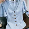 Blusa Feminina de Alta Qualidade Francesa com Decote em V e Manga Curta, Camisa Fashion para o Trabalho com Detalhe em Renda e Botões, Nova Chegada Verão 2026