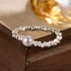 Anillo de Perlas Plateadas Brillantes con Hilo Elástico de Cuentas, Estilo Coreano de Moda Diario Simple Hecho a Mano Moda para Niñas