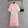 Traje Tang para mujer, talla grande, estilo chino, cheongsam, top con estampado degradado, bordado, elemento Hanfu, vestido swing grande, conjunto de dos piezas