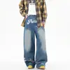 Calça Jeans Estampada Estilo Americano Acu para Homens, Primavera e Outono, Calça Larga Loose Lavada com Estampa Retro Americana