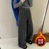 Estilo Novo Outono e Inverno Veludo Engrossado Casual Quente Listrado Calça de Perna Larga Versão Estreita Emagrecedor Versátil Estilo Preguiçoso Calças Casuais para Mulheres