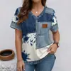 2026 Nuevo Verano Ropa Femenina Transfronteriza Camiseta de Manga Corta con Cuello en V Estampado de Mezclilla Holgada Adelgazante Top Casual para Mujer