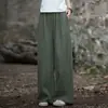 004 Pantalones anchos de algodón y lino para mujer, pantalones casuales, estilo étnico retro artístico, pantalones anchos fluidos, color camel, color lino natural