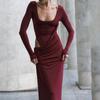 Europeo y Americano Ins Mujer Otoño Nuevo Estilo Sexy Cut Out Cubre Caderas Cuello Cuadrado Manga Larga Revelador de Cintura Vestido Slim