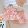 Roupa infantil atacado conjunto para meninas 25 primavera e verão novo infantil renda bordada princesa boneca camisa e shorts conjunto de duas peças