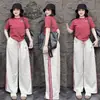 Traje Vintage Americano para Mujer Verano Nuevo Holgado Bordado con Letras Manga Corta Rayas Laterales Pantalones de Pierna Ancha Conjunto Casual de Dos Piezas