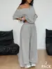 Conjunto de Pantalones Anchos con Cuello Diagonal Transfronterizo Europeo y Americano 2026 Otoño e Invierno para Mujer Casual Color Sólido Deportivo Conjunto de Dos Piezas Holgado de Pantalones Largos