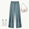 Pantalones de pierna ancha de satén de acetato de seda helada para mujer, estilo fino de verano, dobladillo ancho con caída, pantalones hasta el suelo, pantalones casuales plisados fluidos