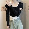 Tricô Francês Feminino Primavera e Outono Novo Design de Tricô Nicho Vazado Falso Duas Peças Chic Top Básico