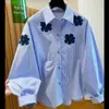 Irmã Gorda 100kg Tamanho Plus Primavera e Outono Design Único Bordado Floral Listrado Manga Longa Camisa Feminina Top Solto