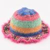 Nova moda retro cor listrada pintura a óleo vento babados chapéu de pescador feminino outono e inverno quente malha bacia chapéu moda