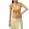 Foto Real em estoque Design Quadrado Cuidado Máquina Manga Curta Feminino Simples Slim Fit Emagrecedor Tendência Fino Malha Top para Mulheres