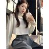 Colete de malha retrô francês empilhado, calças largas, gola alta, camisa feminina, início da primavera de 2025, novo terno da moda