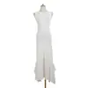 Vestido sin mangas de punto calado en relieve para mujer, cuello redondo, botones forrados de tela, corte ajustado, vestido largo con dobladillo irregular, falda de sirena