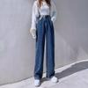 Calça jeans feminina plus size azul escuro cintura média fivela stretch outono e inverno solto drapeado menina gordinha mop calças retas