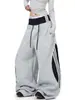 Calça Jogger Reta Patchwork Listrada Estilo Retrô Americano 2025 Unissex Cintura Dupla Calça de Perna Larga