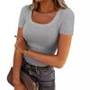 2024 Nova Popular Camiseta Feminina Amazon Estilo Europeu e Americano Canelada Sexy Slim Manga Curta Longa Gola Quadrada para Garotas Descoladas