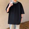 Foto Real de Camiseta de Manga Corta Americana para Hombre Marca de Moda Holgada Manga Corta Algodón Pesado para Hombre Color Puro Moda Alta Calle Estilo Japonés Camiseta de Manga Corta