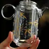Tetera Retro Estilo Chino con Diseño de Bambú Dorado y Plateado, Tetera de Vidrio de Borosilicato Resistente a Altas Temperaturas para Té Verde, Tetera Individual