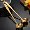 Colher para Panela Quente de Aço Inoxidável Dourada com Cabo Longo Espesso, Colher de Sopa Anti-Queimadura, Concha de Sopa Doméstica com Furo, Conjunto de Escorredores de Cozinha