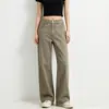 Jeans de hochet de pierna ancha estilo americano color caqui para mujer, nuevos de verano de cintura alta, holgados, adelgazantes, con ribete de encaje, pantalones de hochet