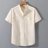 Camisa de Manga Corta de Algodón Lino para Hombre Verano Viento Lino Casual Color Sólido Simple Cuello Pequeño Top para Hombre