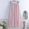 Saia de Estrela Saia de Gaze Saia de Malha Rosa com Lantejoulas Primavera 2021 Feminina Comprimento Médio Cintura Alta Grande Balanço Saia Longa