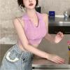 Verano 2025 nuevo cuello POLO cuello halter sin mangas color liso espalda descubierta tejido trenzado chaleco corto top para mujer de fábrica