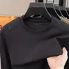 Camiseta Masculina Gola Redonda Cor Sólida Resistente a Amassados Mistura de Lã Fresca Respirável Casual para o Dia a Dia Manga Longa Camisa Base Masculina