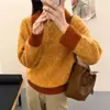 Suéter de Lana 100% con Color de Contraste para Mujer 2026 Otoño e Invierno Nuevo Estilo Grueso Cálido Holgado de Punto Manga Larga