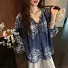 Camisa Fusang Tencel Linho Estampa Posicional Estilo Étnico 2026 Outono Novo Solta Estilo Étnico Vintage