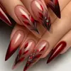 Unhas Wearable Transfronteiriças Vermelhas Pontiagudas Longas Gradiente Nude Padrão de Planta Decoração com Diamante Removível Patch de Unha Falsa