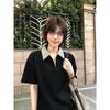 Camisa Polo Patchwork Pied-de-Poule Manga Curta para Mulheres Verão Americano Gola Alta Meia-Manga Casal High-End Ombro Direito