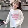 Camiseta Estilosa Infantil para Primavera e Outono, Roupa de Primavera para Meninas em Algodão Puro de Manga Longa, Camiseta Básica Infantil, Top Rosa