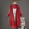 Camisa Xadrez Transfronteiriça Feminina Fina Roupas com Proteção Solar Top Solto de Algodão e Linho Casaco com Senso de Design Comprimento Médio Camisa de Comércio Exterior