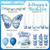 Tela de fondo de forma irregular para fiesta de cumpleaños de mariposa azul, serpentinas con purpurina, decoraciones colgantes en espiral, globos, adornos para pasteles y decoraciones
