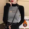 Gola Alta Meia Manga Estilo Coreano Novo Veludo Alemão Camiseta Básica Outono e Inverno Cinza Ombro Direito Slim Fit Manga Raglan Feminina Manga Longa