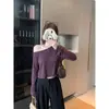 Camiseta básica morada sencilla de manga larga sin hombros para mujer, top base de verano holgado, versátil top corto ajustado sin hombros