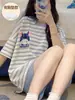 Pijama de rayas de manga corta con almohadilla en el pecho para mujer, primavera y otoño, simple, casual, holgado, para estudiantes, ropa de casa, se puede usar afuera