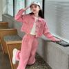 Traje de Mezclilla Rosa Estilo Coreano para Niñas con Perlas, Chaqueta Polo para Niños Talla Mediana y Grande, Pantalones Rectos, Pantalones de Pierna Ancha, Ropa Otoño 2025