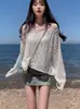 Tejido Fino Estilo Coreano con Ligera Transparencia, Diseño Hueco, Cubierta Protectora Solar, Hombros Descubiertos, Seda de Hielo, Tejido de Punto Trenzado, Jersey, Suéter de Manga Larga para Mujer