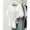 Camiseta talla grande para mujer, nuevo estilo verano 2026, talla grande, elegante, ligera, con estampado de letras y flores, manga corta 0609