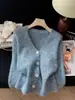 Cárdigan de punto azul de alta gama con cuello en V para mujer, otoño, nicho, casual, versátil, de corte holgado y adelgazante
