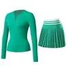 Trajes Deportivos de Otoño e Invierno, Ropa de Tenis, Ropa de Yoga, Faldas de Tenis de Manga Larga con Cuello en V, Tops para Correr y Fitness, Trajes de Tenis