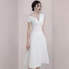Vestido Elegante de Escote en V Ajustado a la Cintura Nuevo Estilo 2020 Socialité Sexy Aspecto Delgado Vestido Blanco Francés para Verano