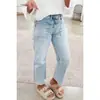 Ebay AliExpress Mujer Primavera Otoño Nuevos Cómodos Pantalones de Mezclilla Lavada Para el Trabajo Desgastados Corte Delgado Bolsillo de Parche Pierna Ancha