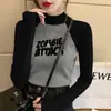 Gola Alta Meia Manga Estilo Coreano Novo Veludo Alemão Camiseta Básica Outono e Inverno Cinza Ombro Direito Slim Fit Manga Raglan Feminina Manga Longa