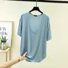 Camiseta de Modal de Verano con Cuello en U Grande Holgada de Manga Corta para Mujer Ropa Exterior Delgada Talla Grande Sencilla de Media Manga Top Básico Casual