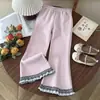 Pantalones de campana para niña de primavera y otoño, talla mediana y grande, pantalones de encaje para niños, pantalones largos versátiles para niña, pantalones base casuales de algodón Hua